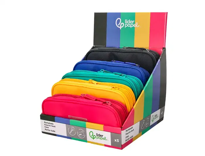 Liderpapel Estuche Portatodo Color Pop - 2 Cremalleras, Compartimento Extensible, 230x60 mm - Surtido de 5 Colores (Negro, Fucsia, Turquesa, Azul, Amarillo)