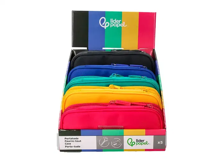 Liderpapel Estuche Portatodo Color Pop - 2 Cremalleras, Compartimento Extensible, 230x60 mm - Surtido de 5 Colores (Negro, Fucsia, Turquesa, Azul, Amarillo)