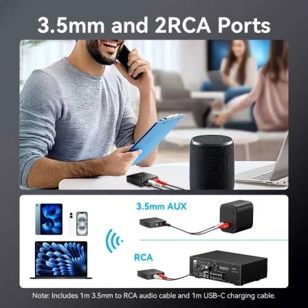 Vention Receptor de Audio Bluetooth 5.1 NAJB0 para Altavoces con Salidas RCA y Jack 3.5mm - Negro