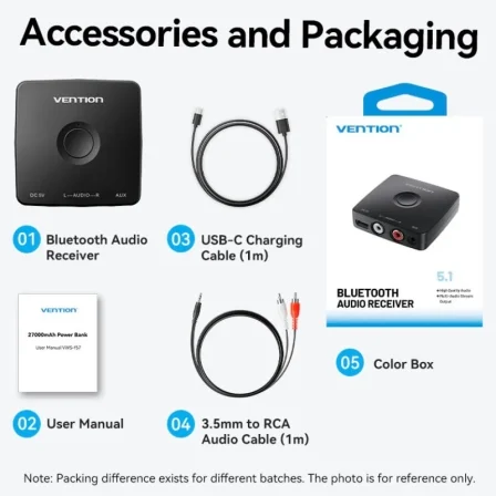 Vention Receptor de Audio Bluetooth 5.1 NAJB0 para Altavoces con Salidas RCA y Jack 3.5mm - Negro