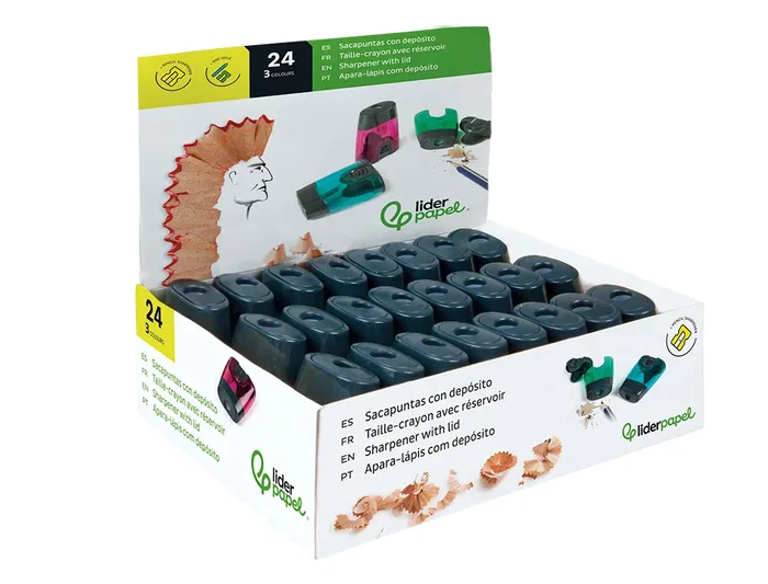 Liderpapel Sacapuntas de Plástico de 1 Uso con Depósito y Protector Metálico, Colores Surtidos