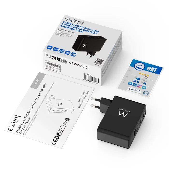 EWENT Cargador de Pared EW1336 100 W con 3 USB-C y 1 USB-A Negro