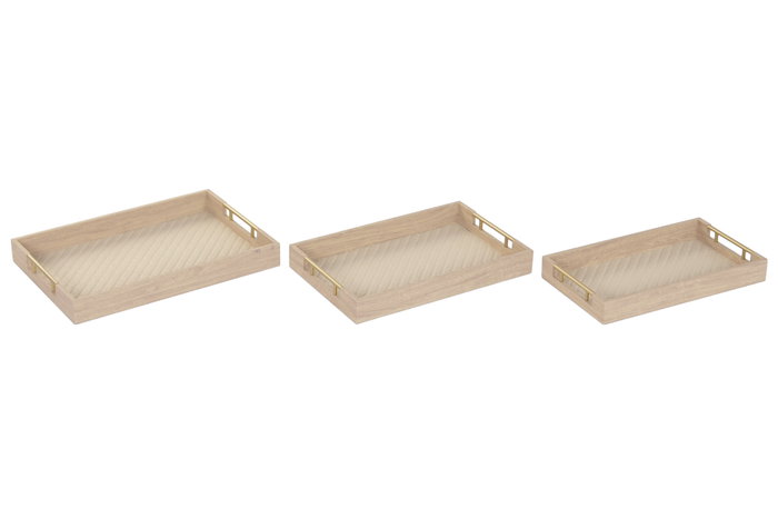 DKD Home Decor Set de 3 Bandejas de Madera Natural y Dorado 48x32x5,5 cm
