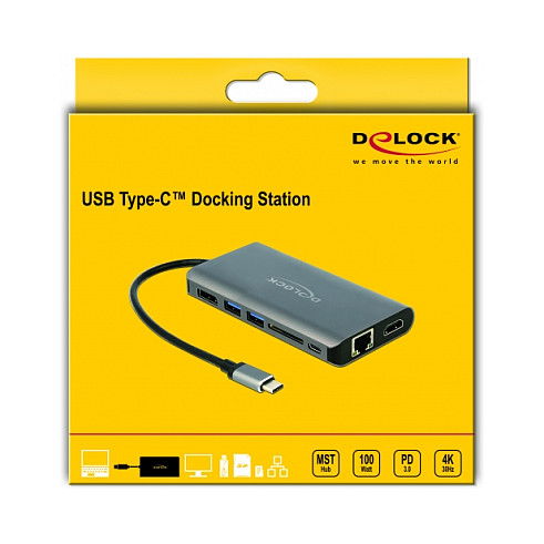 DeLOCK 87683 Docking Station USB Type-C con HDMI, DisplayPort, USB 3.2, Ethernet Gigabit, Lector SD, Carga PD 3.0 para 4K Ultra HD, Gris