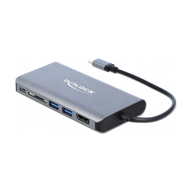 DeLOCK 87683 Docking Station USB Type-C con HDMI, DisplayPort, USB 3.2, Ethernet Gigabit, Lector SD, Carga PD 3.0 para 4K Ultra HD, Gris