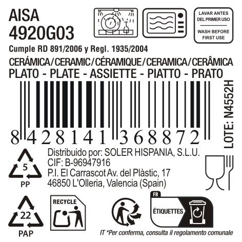 La Mediterranea Plato "Aisa" de 27.2 cm de Diametro, 2.5 cm de Altura, 912 Gramos (12 Unidades)