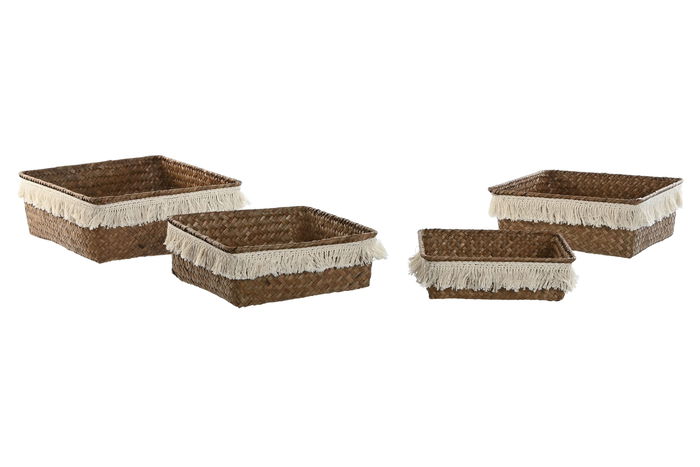 DKD Home Decor Cesta Boho Fibra Natural Blanco 26 x 10 x 26 cm Set de 4