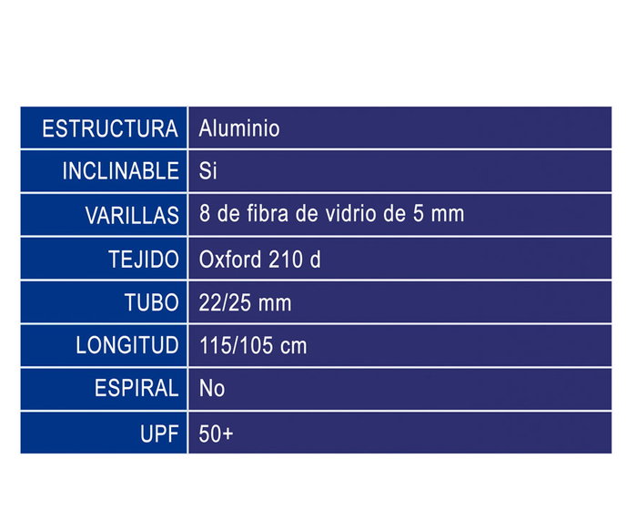 Parasol Marinero 200 cm Orient. Aluminio Oxford Upf50+ 210D 22-25 mm