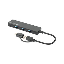 MANHATTAN Hub USB 3.0 4 Puertos USB-A + USB-C 5 Gbps Tipo C y A Negro, Conecta y Usa, Compatible con Windows, Mac, Linux, ChromeOS