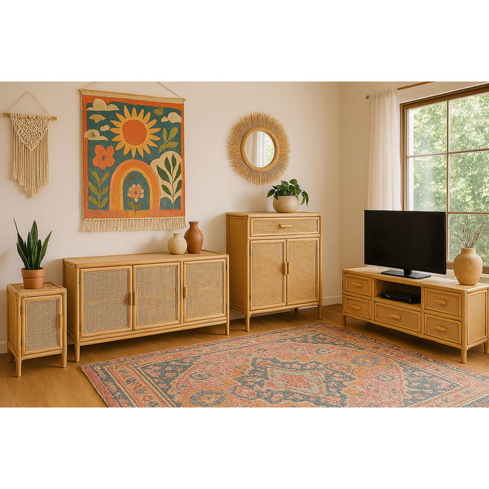 DKD Home Decor Mesita Auxiliar Abeto y Ratán con 1 Puerta