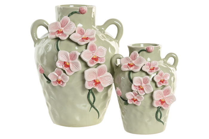 DKD Home Decor Jarrón Oriental Rosa Verde Cerámica 21 x 27 x 21 cm