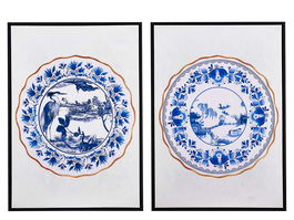 Giftdecor Cuadro Plato Marco Negro Brillante Madera Azul Blanco Surtidos 50x70x3.5 cm (Set de 2)