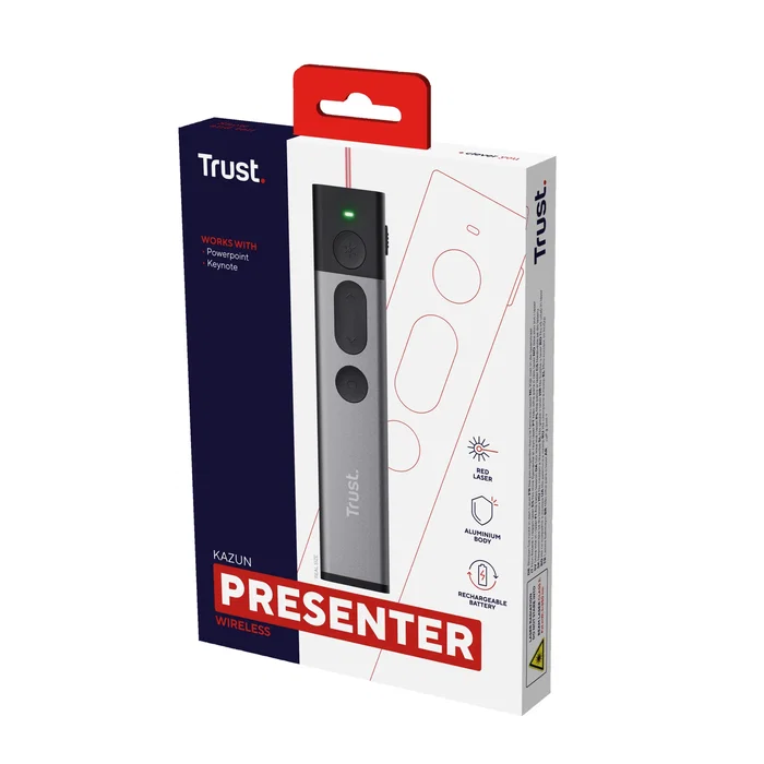 Trust Kazun Presentador Láser Inalámbrico RF con 4 Funciones PowerPoint para Windows/Mac, Puntero Rojo, Alcance 30m, Diseño Aluminio Negro y Receptor USB Integrado