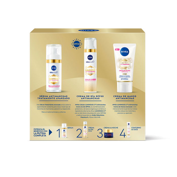 Nivea LUMINOUS 630 Antiamanchas Estuche 3pz Crema Noche Reparadora con Ácido Hialurónico para Rostro, Cuello y Escote