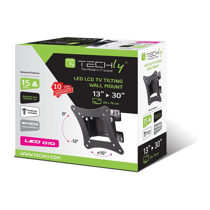 Techly ICA-LCD-901 Soportes de TV para Pared, 13-30 Pulgadas, Inclinación 0-12°, Giro -15 a 15°, 15 Kg Carga Máxima, VESA 75x75 y 100x100 mm, Negro