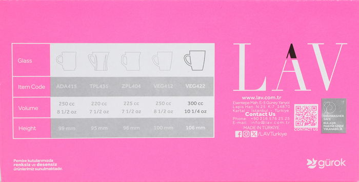 Lav Set 6 Vasos C/Asa 300 Cc Colección Vega (8 Cajas)