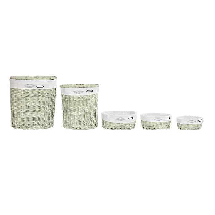 DKD Home Decor Set de 5 Cestas para la Ropa de Mimbre y Poliéster, Verde