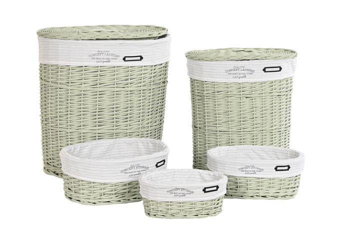 DKD Home Decor Cesta Ropa Basicos Verde Set de 5 Piezas Mimbre y Poliester 37 x 56 x 51 cm