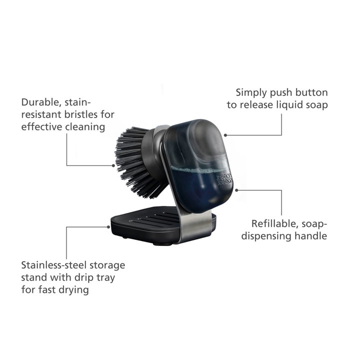 Joseph Joseph SinkTech Cepillo de Lavado con Soporte de Acero Inoxidable y Dispensador de Jabón, Gris