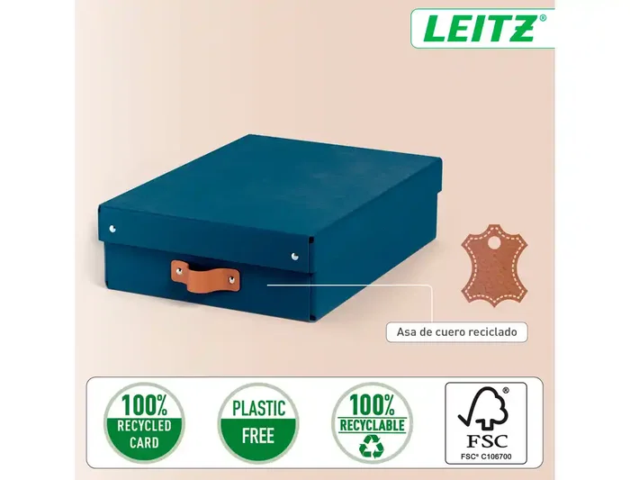 Leitz Caja de Almacenaje Baja de Cartón con Asa de Piel, Azul, Pack de 2 Unidades, 8 Litros