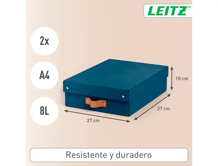 Leitz Caja de Almacenaje Baja de Cartón con Asa de Piel, Azul, Pack de 2 Unidades, 8 Litros