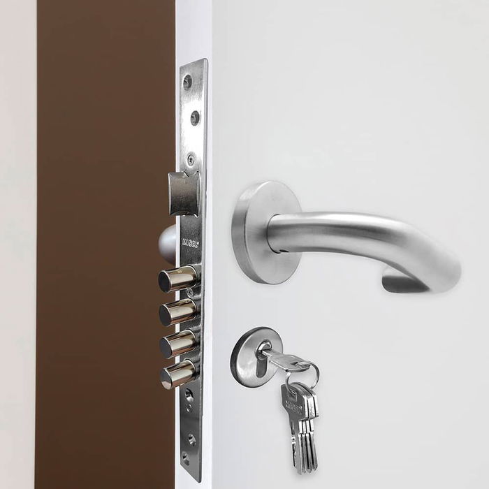 Micel Cerradura de Embutir Cre13 para Cilindro Europeo, 85mm Entre Ejes, Entrada 50mm, Acabado Níquel Satinado, 4 Bulones, Leva Larga, no Incluye Cilindro