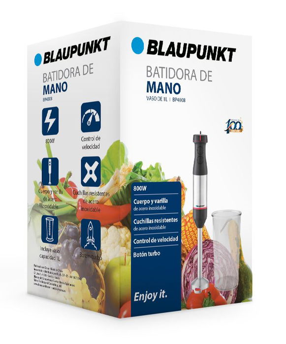 BLAUPUNKT Batidora de varilla 800W de acero inoxidable, selector de velocidad y vaso, con botón turbo