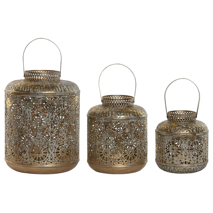 DKD Home Decor Set de 3 Portavelas de Metal Decapé Dorado