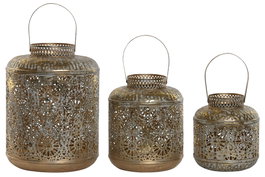 DKD Home Decor Set de 3 Portavelas de Metal Decapé Dorado