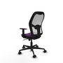 Silla de oficina Jorquera con mecanismo Sincro tapizada con Tela color Morado y malla color Blanco. Equipada con lumbar 1D, Brazos 1D y Ruedas 65mm nailon