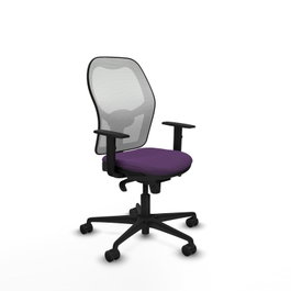 Silla de oficina Jorquera con mecanismo Sincro tapizada con Tela color Morado y malla color Blanco. Equipada con lumbar 1D, Brazos 1D y Ruedas 65mm nailon