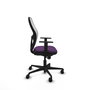 Silla de oficina Jorquera con mecanismo Sincro tapizada con Tela color Morado y malla color Blanco. Equipada con lumbar 1D, Brazos 1D y Ruedas 65mm nailon