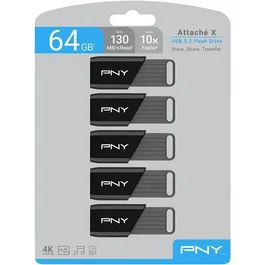 Pny - Flash Drive Attaché 4 - 64 GB - USB 3.2 - Hasta 130 MB/s - Paquete de 5 Unidades - PNY0751492793689
