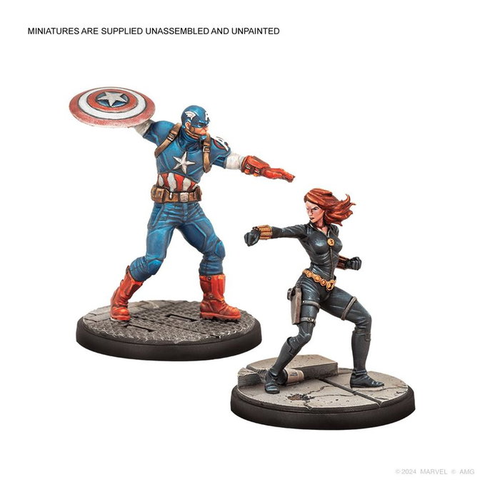 Asmodee Marvel Crisis Protocol - Pack Afiliación Vengadores, con Iron Man, Capitán América, Capitana Marvel y Viuda Negra, Miniaturas para Montar y Pintar