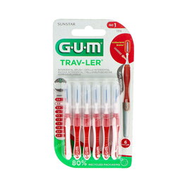 GUM Cepillo Interdental Trav-Ler Ref. 1314 - Pack de 6 Unidades, Diámetro 0.8 mm, Color Rojo