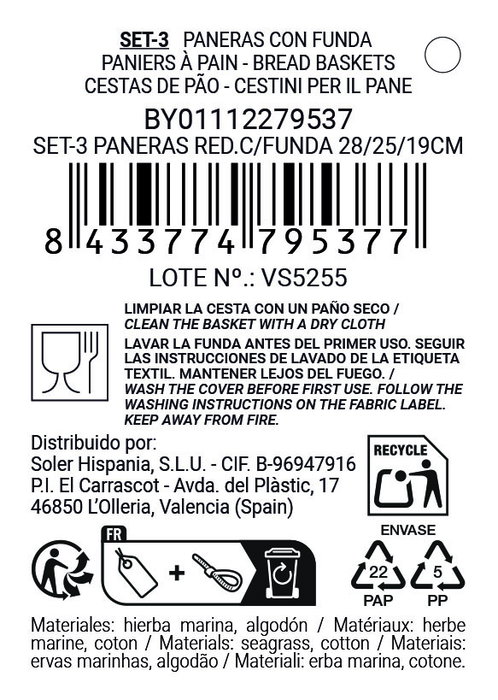 Inde Set 3 Paneras Redondas con Funda 28 cm, 25 cm, 19 cm (8 Unidades) Inde Set 3 Paneras Redondas con Funda 28 cm, 25 cm, 19 cm (8 Unidades)
