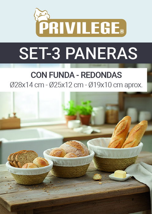 Inde Set 3 Paneras Redondas con Funda 28 cm, 25 cm, 19 cm (8 Unidades) Inde Set 3 Paneras Redondas con Funda 28 cm, 25 cm, 19 cm (8 Unidades)