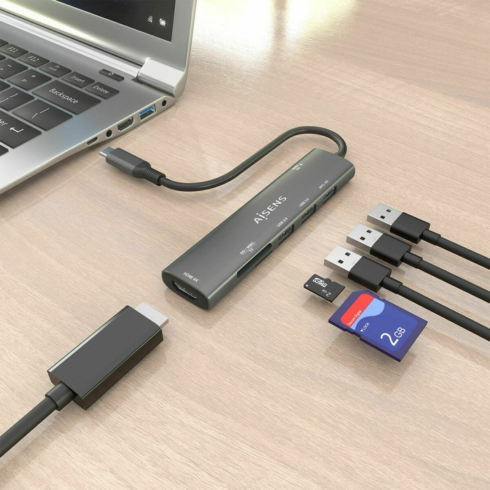 Aisens USB-C Dock 7 en 1 con HDMI 4K, USB 3.0, USB 2.0 y PD 100W - Gris