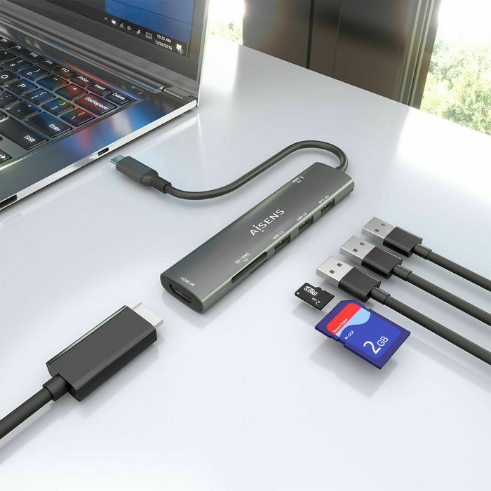 Aisens USB-C Dock 7 en 1 con HDMI 4K, USB 3.0, USB 2.0 y PD 100W - Gris