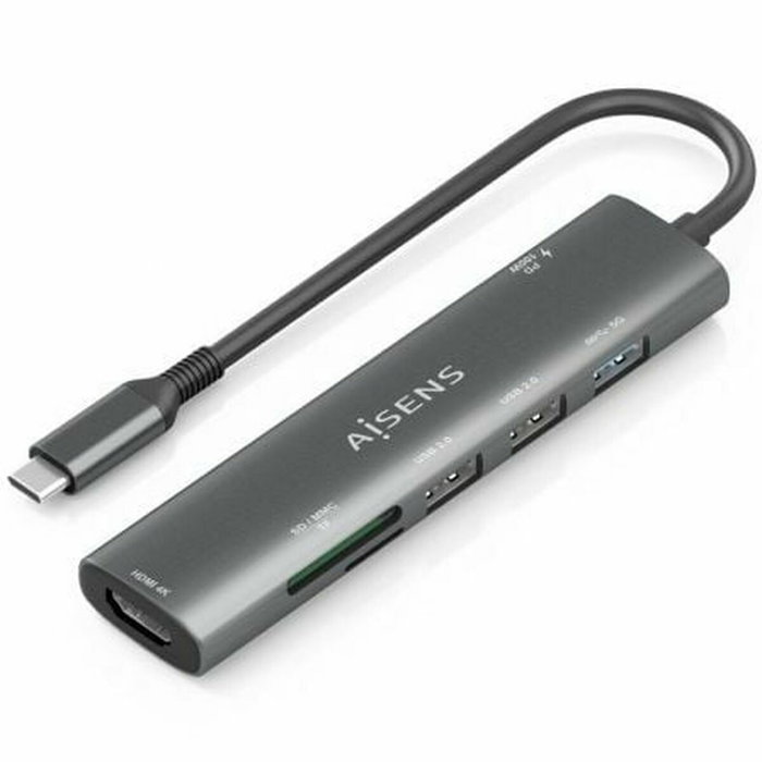 Aisens USB-C Dock 7 en 1 con HDMI 4K, USB 3.0, USB 2.0 y PD 100W - Gris