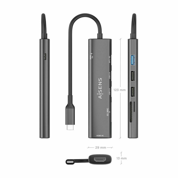 Aisens USB-C Dock 7 en 1 con HDMI 4K, USB 3.0, USB 2.0 y PD 100W - Gris
