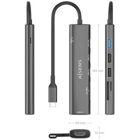 Aisens ASUC-7P027-GR Dock USB-C 7 en 1, HDMI 4K, 3xUSB, 1xUSB-C PD 100W, Lector SD/Micro SD, Gris