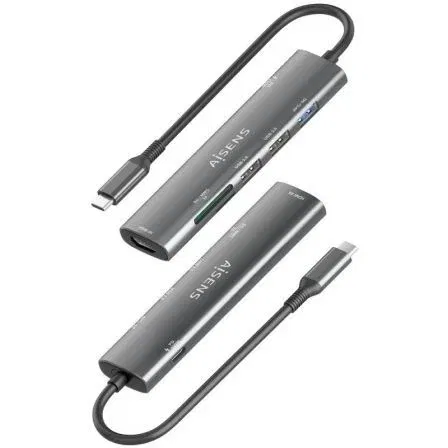 Aisens ASUC-7P027-GR Dock USB-C 7 en 1, HDMI 4K, 3xUSB, 1xUSB-C PD 100W, Lector SD/Micro SD, Gris
