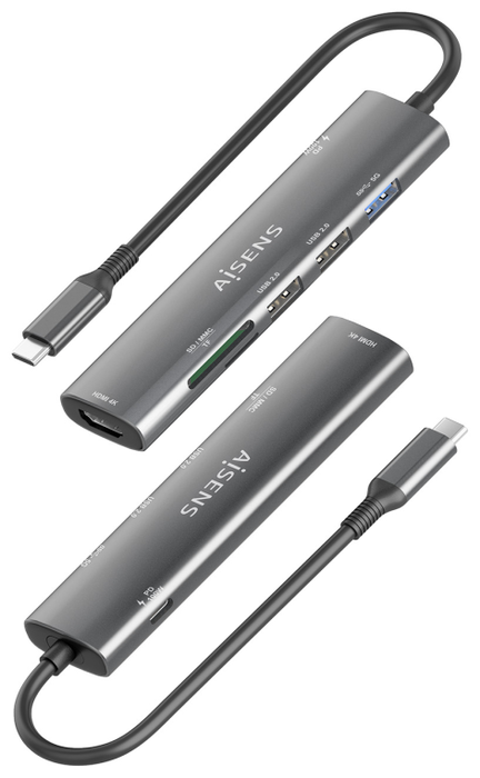 Aisens USB-C Dock 7 en 1 con HDMI 4K, USB 3.0, USB 2.0 y PD 100W - Gris