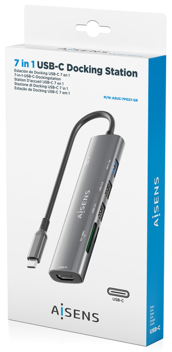 Aisens USB-C Dock 7 en 1 con HDMI 4K, USB 3.0, USB 2.0 y PD 100W - Gris