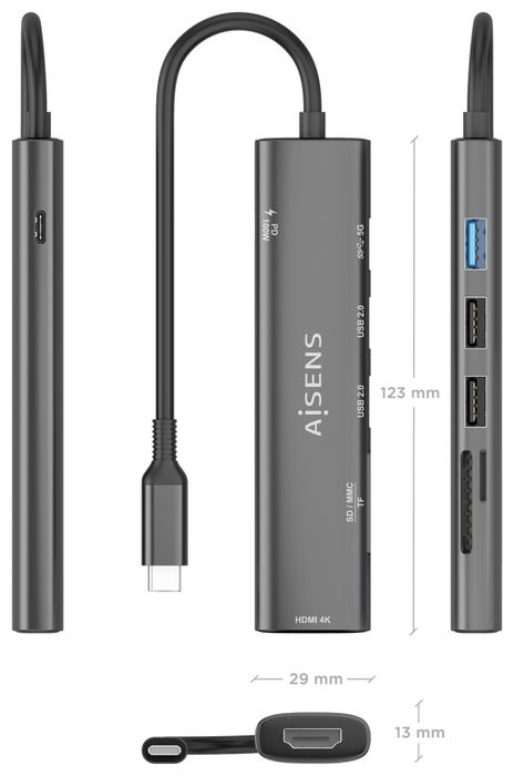 Aisens USB-C Dock 7 en 1 con HDMI 4K, USB 3.0, USB 2.0 y PD 100W - Gris