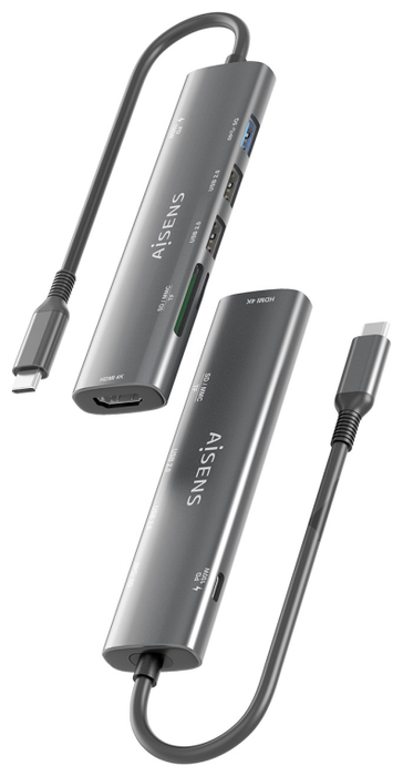 Aisens USB-C Dock 7 en 1 con HDMI 4K, USB 3.0, USB 2.0 y PD 100W - Gris