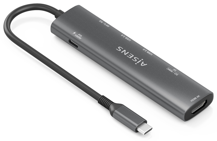 Aisens USB-C Dock 7 en 1 con HDMI 4K, USB 3.0, USB 2.0 y PD 100W - Gris