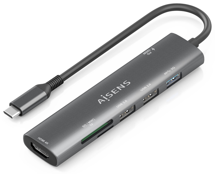 Aisens USB-C Dock 7 en 1 con HDMI 4K, USB 3.0, USB 2.0 y PD 100W - Gris