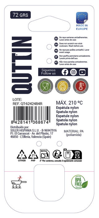Inde Espátula de Cocina de Nylon Profesional Quttin - 34,4 x 9,6 x 4,7 cm (24 Unidades)